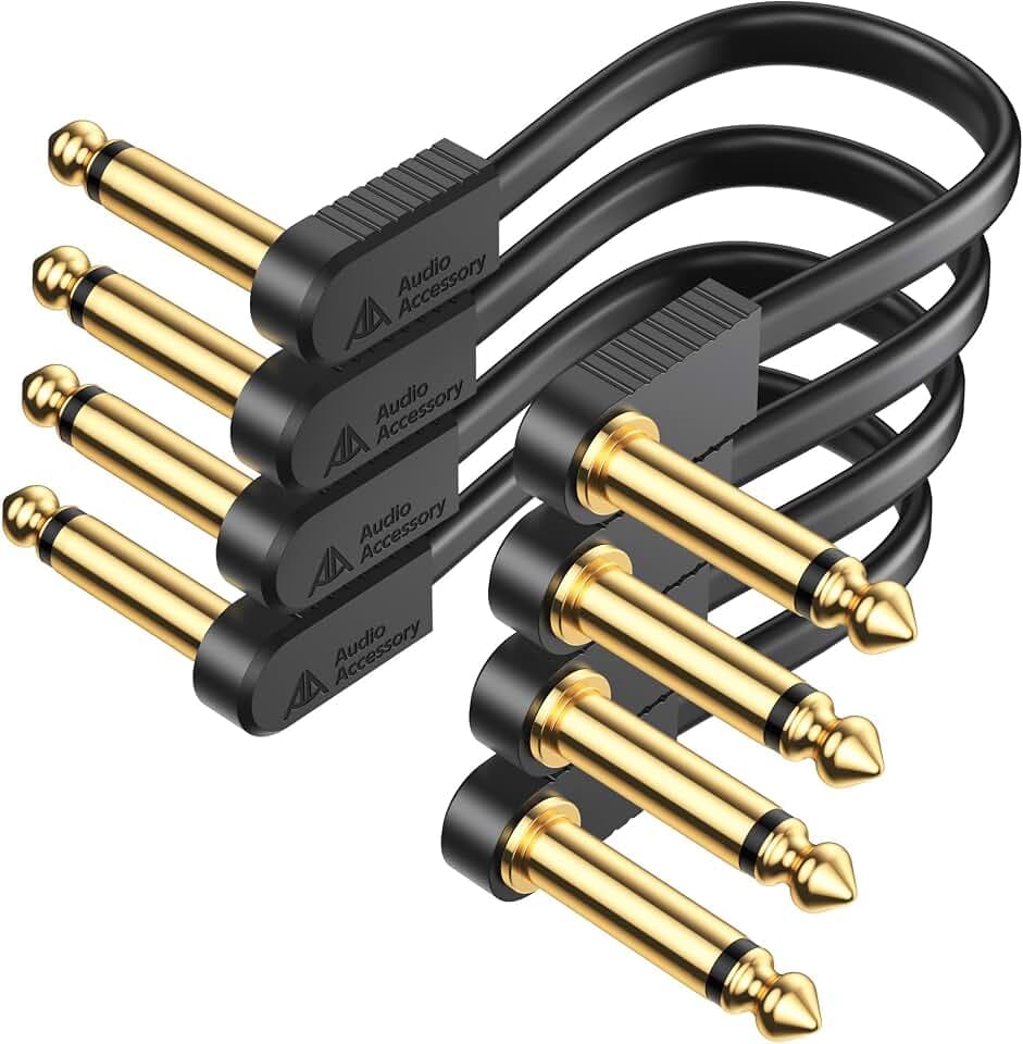Guitar Patch Cables Gold-Plated Flat Ribbon Guitar Pedal Cables Kevlar-Reinforced Built-to-Last Noiseless Dual-Layer Shielded Cord for BOSS MXR EBS Behringer Donner Pedalboard, 6 in|15cm - 4 Pack