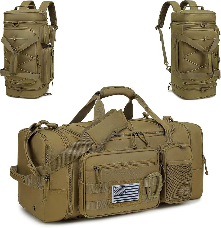 3 in 1 Tactical Gym Bag Backpack for Men 40-45L Expandable Travel Duffle Bag for Women Military Sport Duffel Bags Weekend Overnight with Shoe Compartment & Wet Pocket for Fitness, Brown