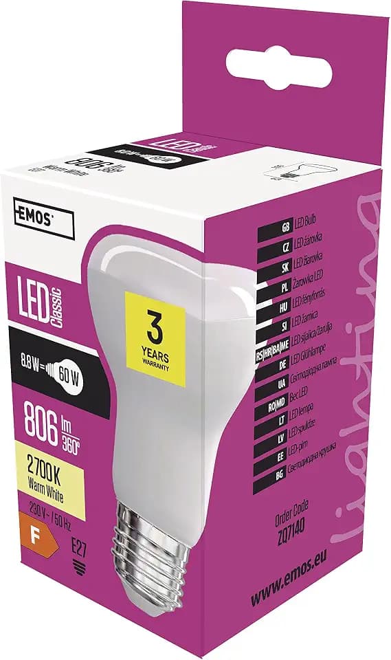 EMOS LED Lampe R63 Reflektorlampe, 8,8 W Ersatz für 60 W Glühbirne, E27 Sockel, Helligkeit 806 lm, Warmweiß 2700 K, 30000 h Lebensdauer, CRI min. 80, 120° Abstrahlwinkel