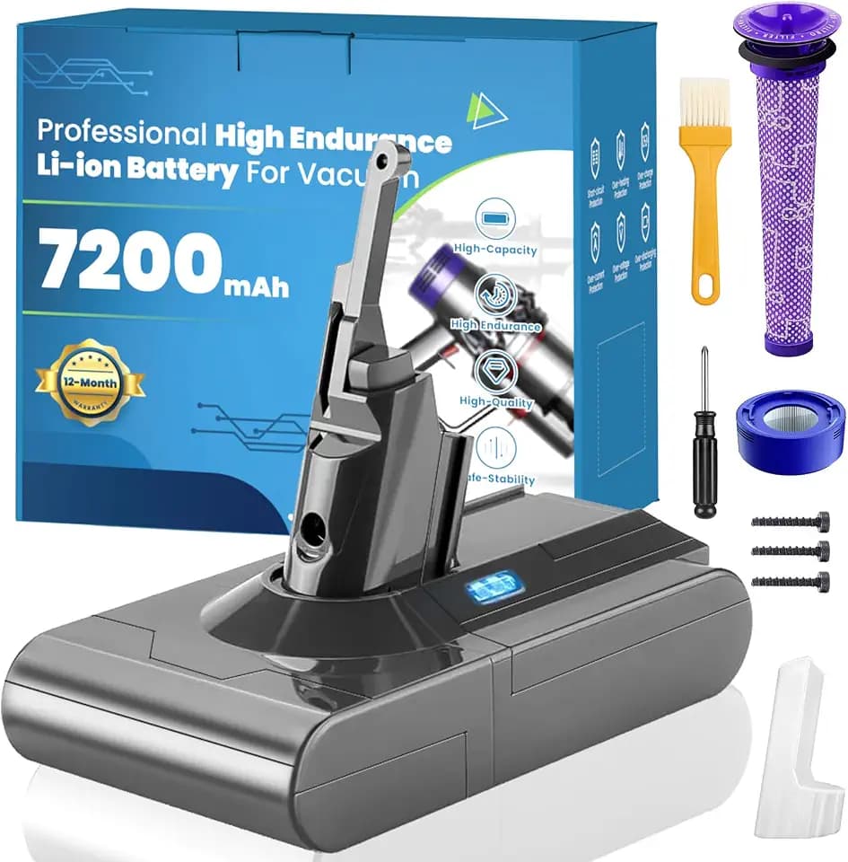 V8 Akku für Dyson, 7200mAh V 8 SV10 Li-ion Ersatzakku für Dyson V8 Absolute/Animal/Fluffy/Motorhead Exclusive Handstaubsauger mit 2 Filtern und 3 Schrauben
