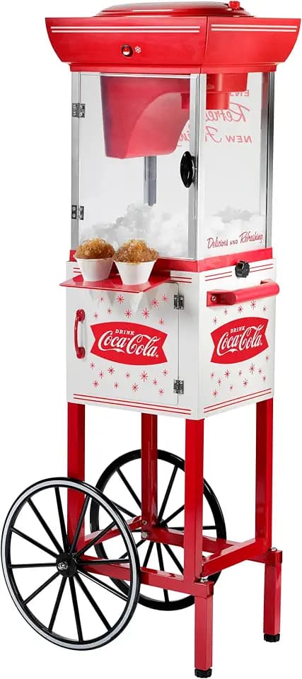 Nostalgia Coca-Cola 48-Inch Tall Snow Cone Cart, Makes 72 Icy Treats, Includes Metal Scoop, Storage Compartment, Wheels For Easy Mobility – Coke Red