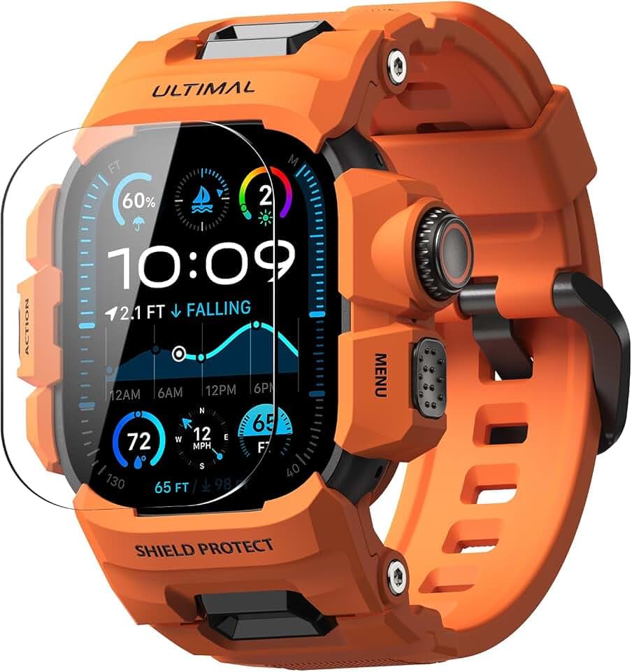 ULTIMAL Rugged Case with Band for Apple Watch 49mm,Compatible with Apple Watch Ultra 4/3/2/1, Military Grade Shockproof Bumper Cover for iWatch Tactical Band Men (49mm,Orange)