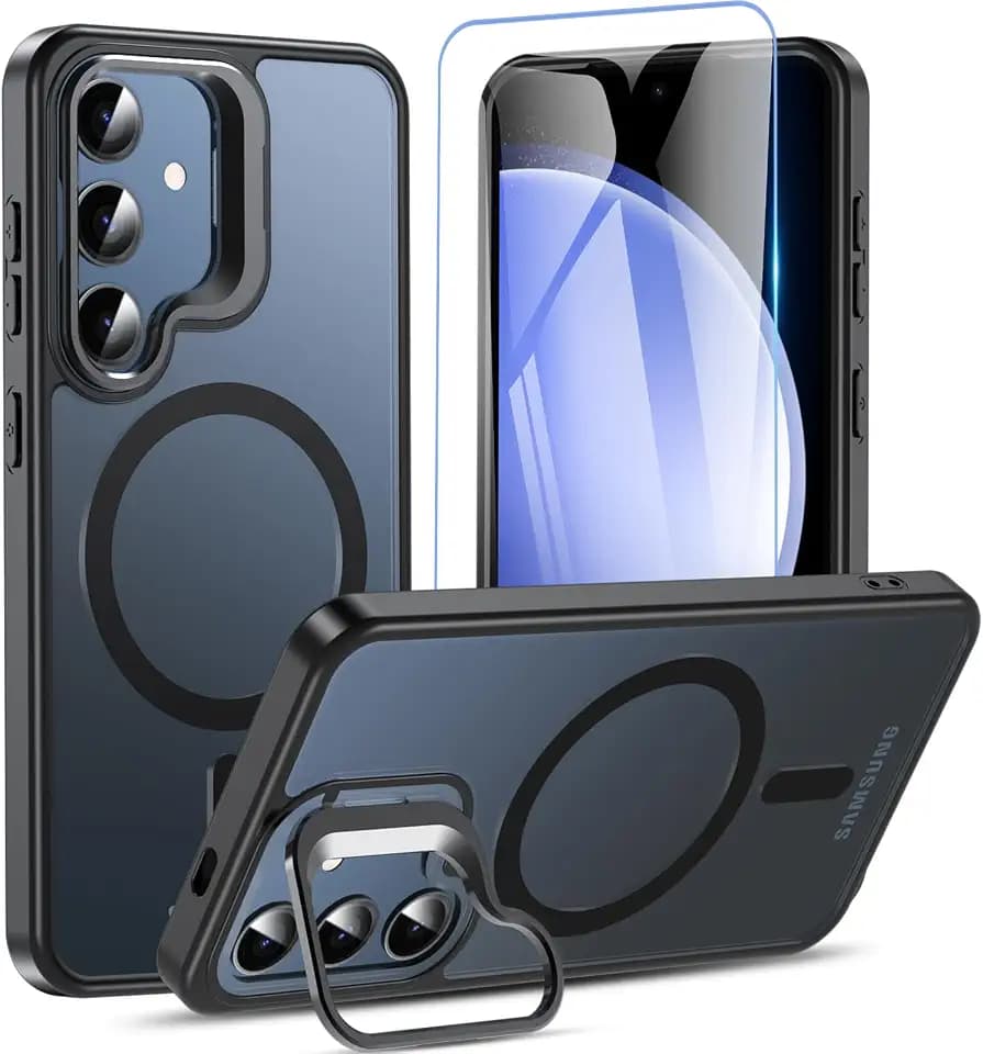 Fin2feel for Samsung Galaxy S25 Case with Stand, Galaxy S25 Case with Screen Protector Compatible with MagSafe, Shockproof Slim Protective S25/S24 Cases with Kickstand & Holder, Black