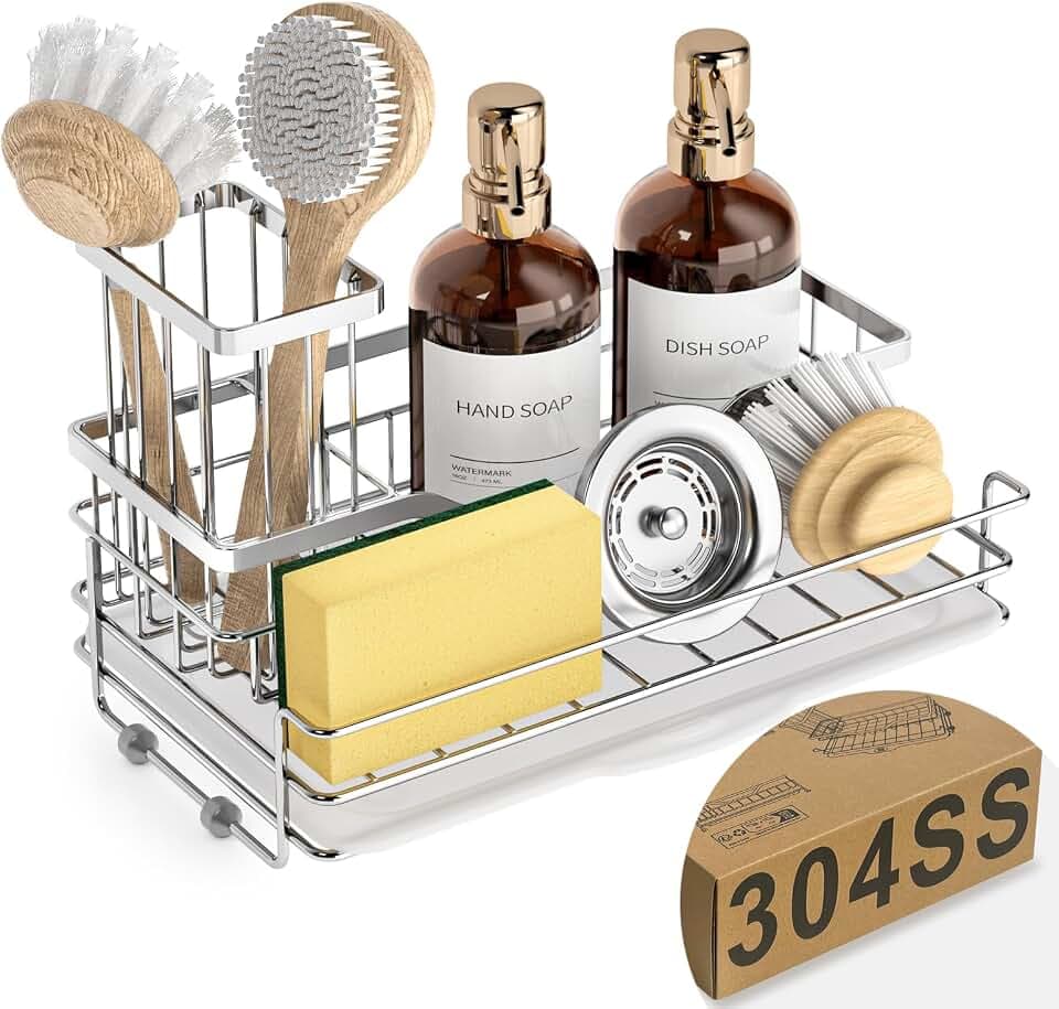 VANZAVANZU Spülbecken Organizer – Küchenorganizer aus 304 Edelstahl, großer Schwammhalter für die Küche, abnehmbarer Bürstenhalter, Abtropfschale & rutschfeste Gummibasis, platzsparendes Design
