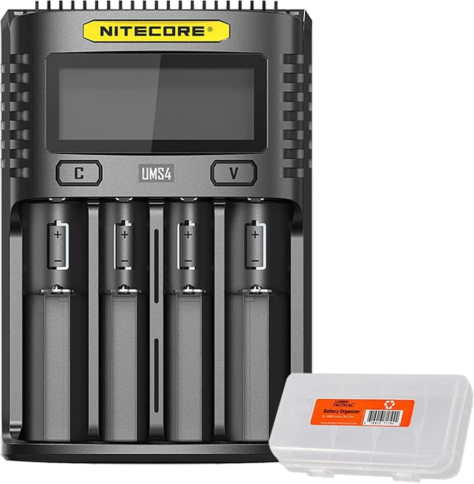 Nitecore UMS4 Intelligent USB-C Four Slot Quick Battery Charger for Li-Ion/Ni-MH/Ni-Cd/IMR 16340 14500 18650 21700 20700 AA AAA and More Batteries, with Organizer