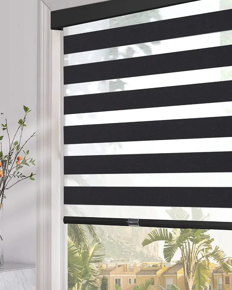 Persilux Cordless Zebra Blinds for Windows (34" W x 72" H, Black) with Upgraded Cassette Light Filtering Dual Layers Sheer Roller Blinds Energy Saving Shades for Office and Home