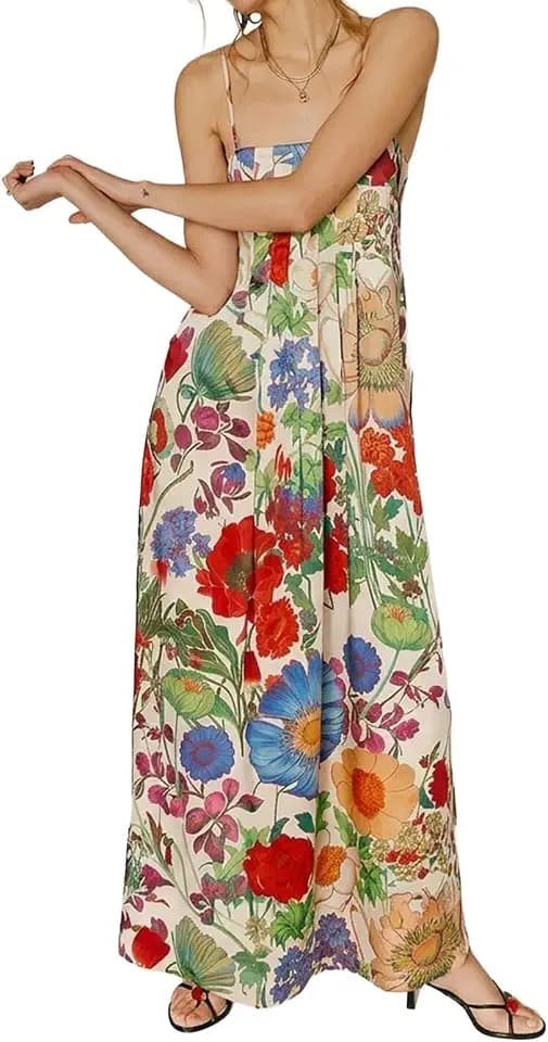 ABYOVRT Women Boho Floral Maxi Dress Backless Spaghetti Strap A-Line Flowy Summer Vacation Long Dress