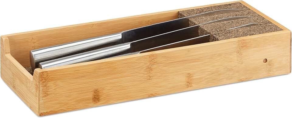 Relaxdays Messerhalter Bambus, Schubladeneinsatz für Messeraufbewahrung, Schubladenorganizer, HBT: 6,5x38x15,5cm, natur