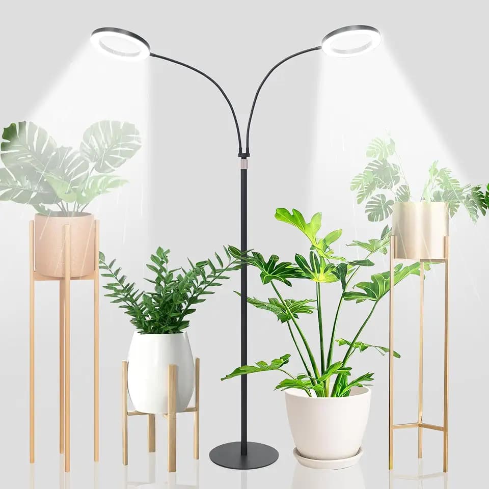 Grow Lights for Indoor Plants,Double Head Full Spectrum LED Plant Light with Stand,6 Dimmable Levels & 3 Lighting Modes, Auto On Off Timer 3/9/12H, 38-67 inches Adjustable Height, Black