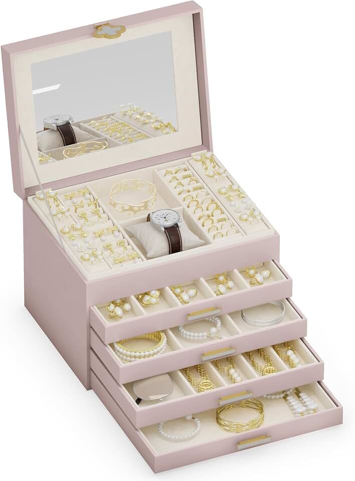 AdelDream Schmuckkästchen mit 5 Ebenen, Schmuckaufbewahrung großem Spiegel | Schmuckverschluss,flexible Facheinteilung für Ringe, Ohrringe, Halsketten, Uhren und Accessoires Rosa
