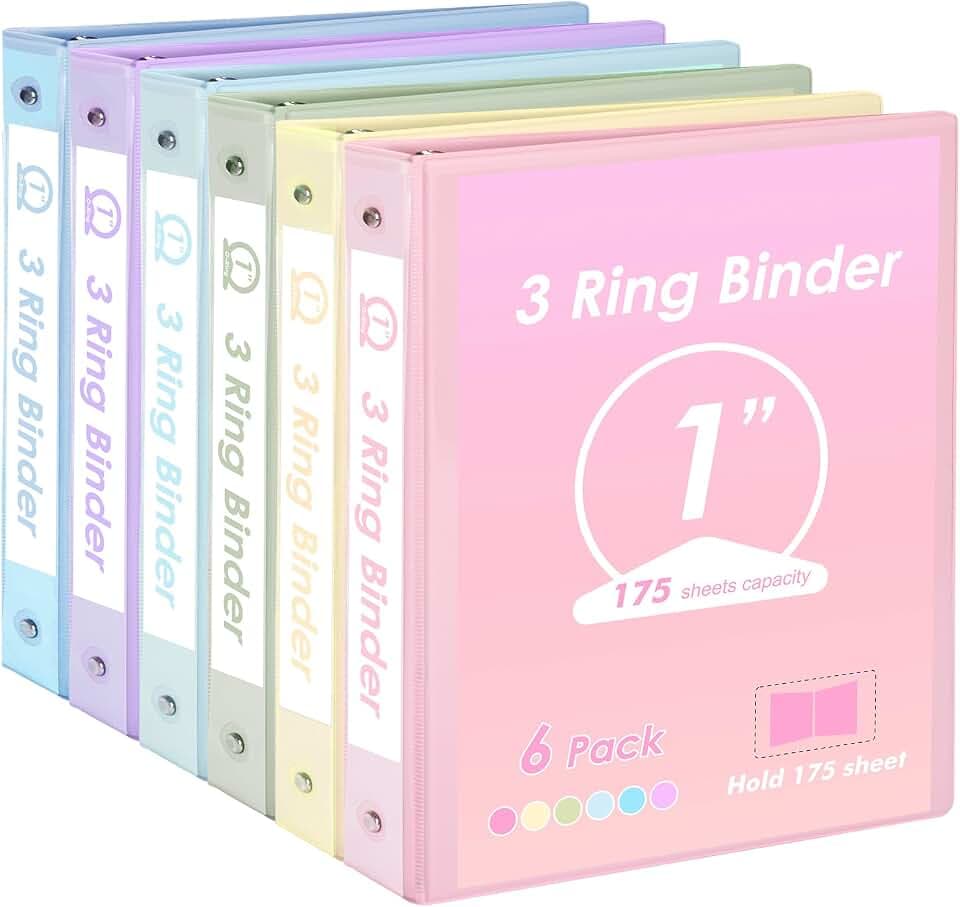 EOOUT 6 Pack 3 Ring Binders 1 inch, Three Round Ring 1'' Binders with 2 Pockets Interior, 6 Assorted Pastel Color, Fits 8.5'' x 11'' Letter Size Paper for School Office Supplies