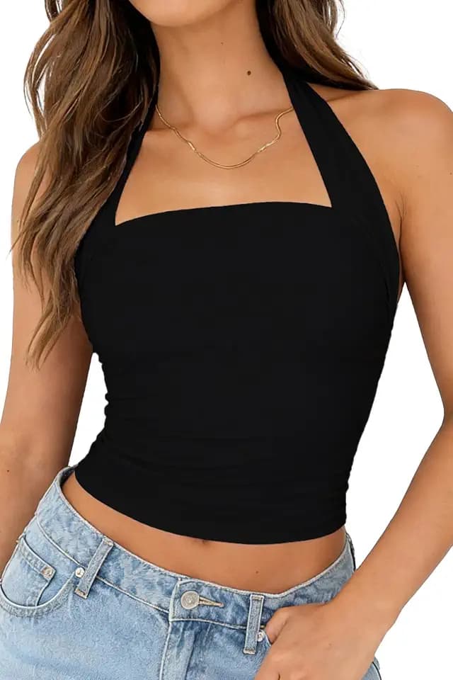 ForeFair Womens Backless Halter Tops Going Out Double Lined Crop Tank Top Open Back Sleeveless Slim Fit Y2k Summer Tops