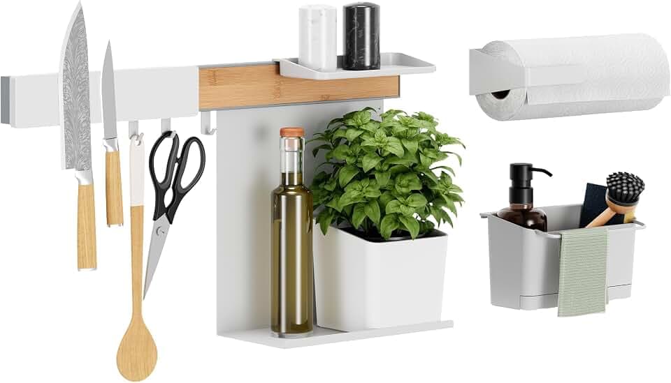 tesa Küchen-Organizer selbstklebendes organizer Regal ohne Bohren Wandmontage – Set XL mit Küchen Organizer Spüle, Ablagen, Hakenleiste, Kräutertopf, Messer Magnetleiste & Rollenhalter – Holz/Weiß