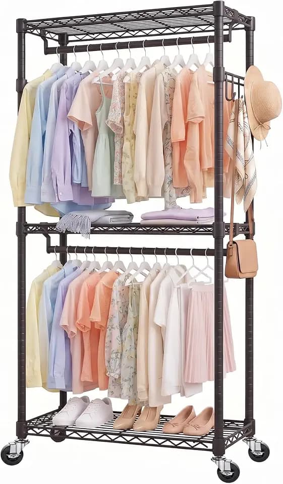 Portable Garment Rack, Sturdy Metal Clothing Rack with Shelves & Wheels