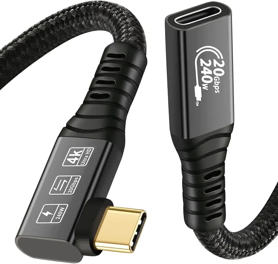 20Gbps USB C 3.2 Extension Cable, 90 Degree USBC 3.2 Gen2 Type-c Male to Female Extender Cable 4K@60Hz 240W Charging 20Gbps Data Transfer with External SSD eGPU (90 Degree Extension 20G 240W-2M)