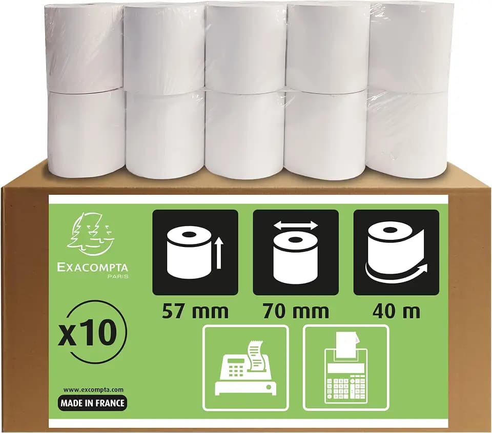 Exacompta 5770120V 10er Pack Kassenrollen, 1-lagig Offset(holzfrei) standard, Breite: 57 mm, Länge: 40 m, Durchmesser Kern: 12mm extra-weiß für Kassen, Tischrechner und Rechenmaschinen
