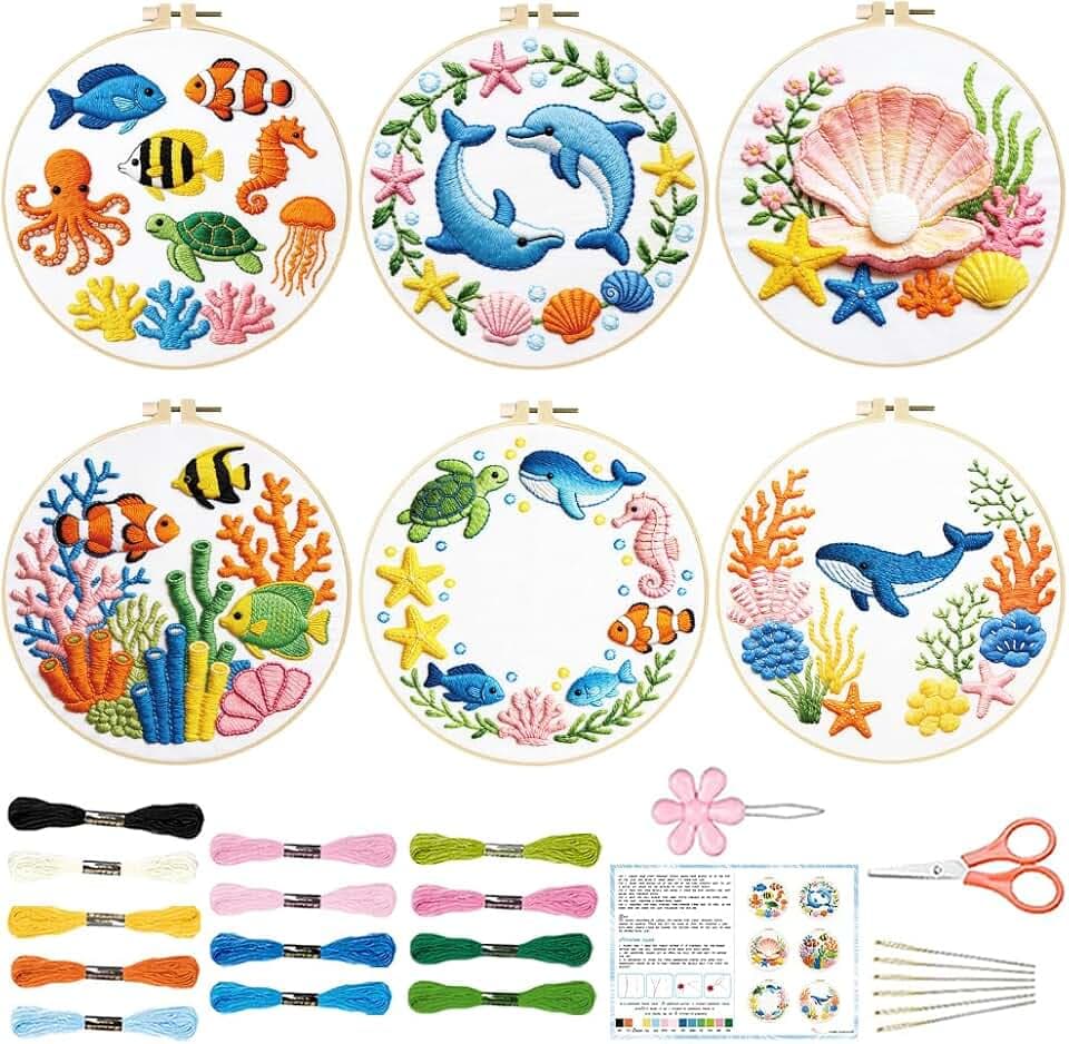 ACRNIGHEET 6PCS Embroidery Kit for Adults Beginners, Needlepoint Kits for Adults, Embroidery Starter Kit, Stamped Cross Stitch Kits for Crafts Lovers Gift Idea, Include Instructions(Ocean)