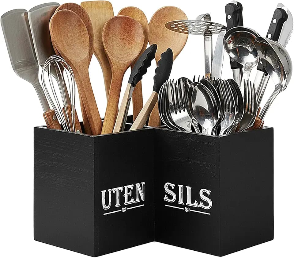 Extra Groß Küchenutensilienhalter mit 3 Fächern, 24x24x16cm, Holz Eckutensilien Organizer Küchenorganizer, Utensilienhalter Küche Kochlöffelhalter für 30-40 Küchenutensilien Aufbewahrung Arbeitsplatte