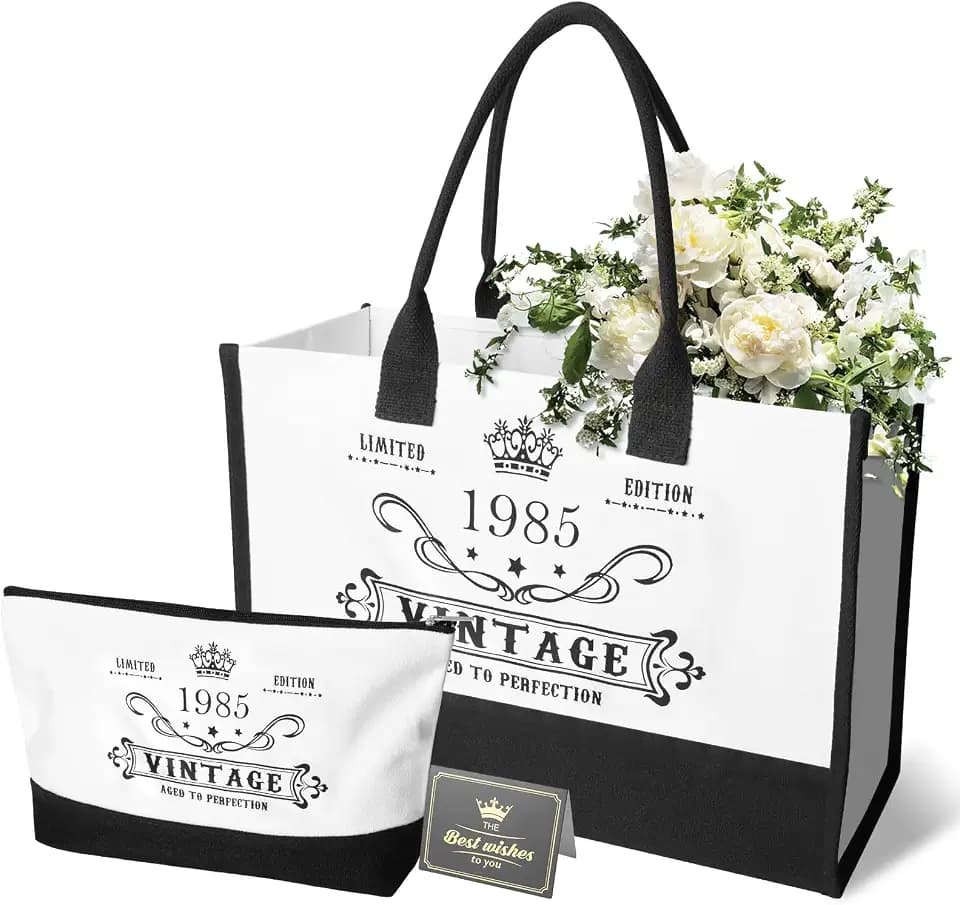 HOSSOM Geschenke für Frauen Canvas Einkaufstasche Reiseausrüstung, Vintage 1985 Canvas Einkaufstasche Tragetasche Kosmetiktasche Set mit Grußkarte, für Mutter Frau Freunde