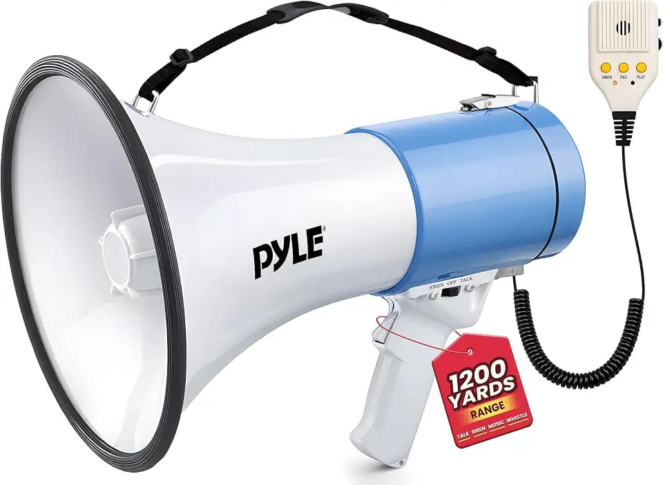Pyle 50W Megaphone Bullhorn - Portable, Automatic Siren & Adjustable Volume, Projection Range Up to 1200 Square Yards, Aux Input, Talk, Siren, Music, Whistle, & Record, Shoulder Strap