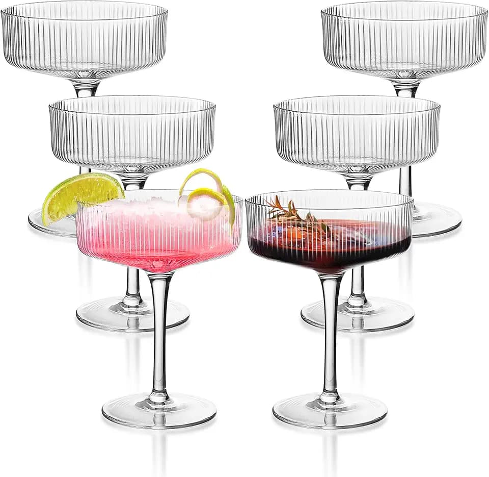 Montex Ribbed Coupe Glasses Set of 6, 10 oz Crystal Espresso Martini Glasses, Vintage Cocktail Glassware for Champagne, Margaritas, Manhattan, Home Bar & Gifts
