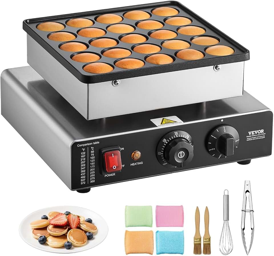 VEVOR Mini Pfannkuchenmaker Dutch Muffin Waffeleisen mit 43 mm Durchmesser, antihaftbeschichteter Poffertjes-Grill aus Edelstahl, elektrischer Mini Pancake Bäcker für Zuhause Küche Restaurant