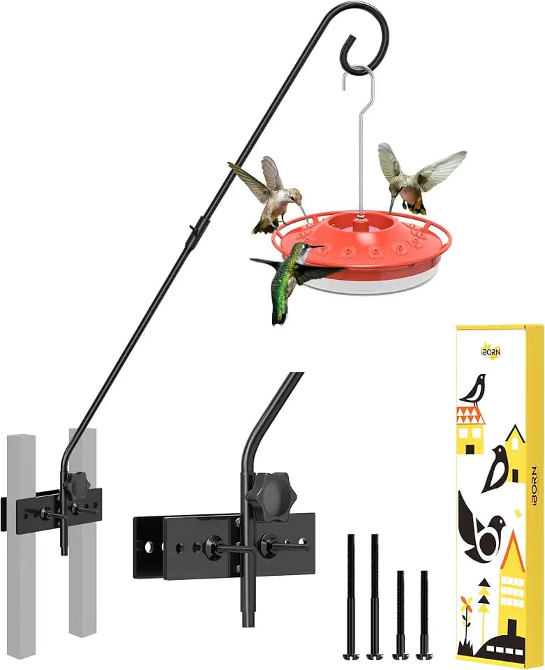 iBorn Fence Deck Hook Rail Heavy Duty Hummingbird Feeder Hanger 28 Inch Railing Hanging Hook for Bird Feeder, Suet Baskets, Planters, Wind Chimes, Solid Wire, 180 Degree Rotary, 1 Pack