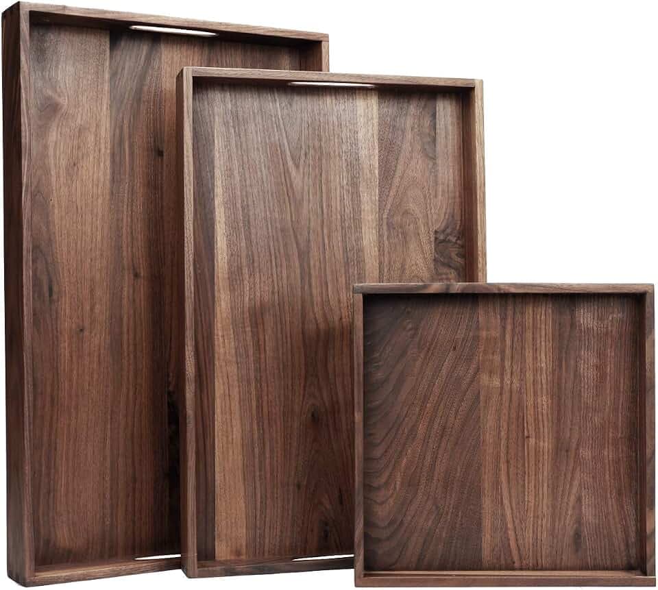 Set of 3 Large Solid Black Walnut Ottoman Tray with Handles