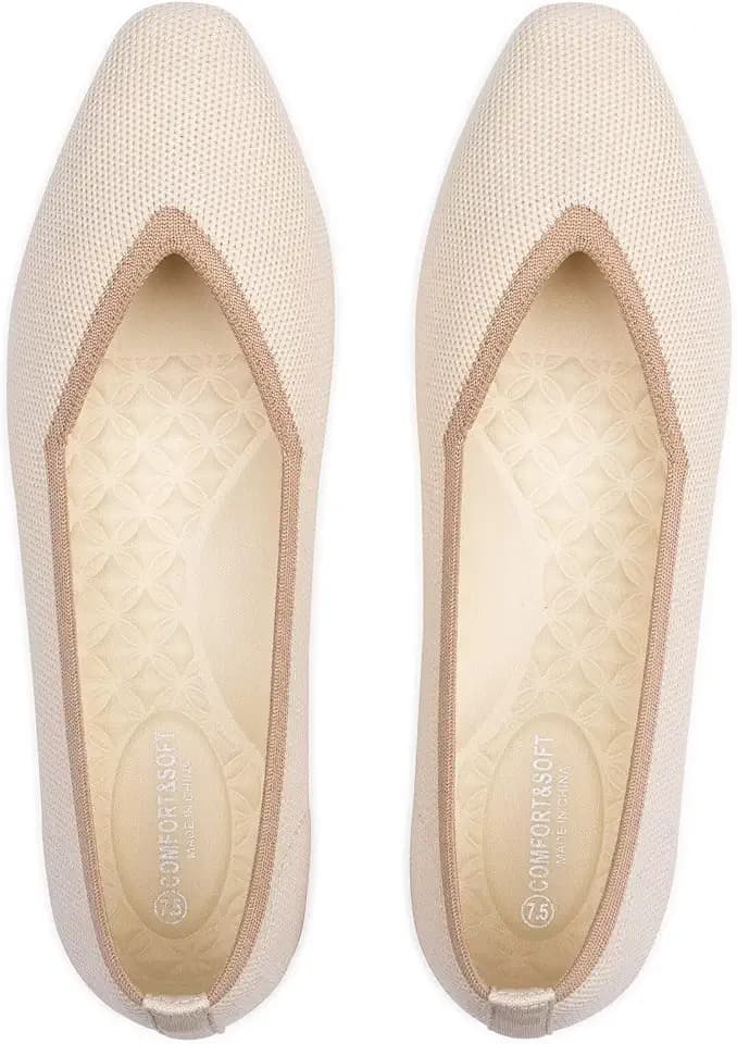 Frank Mully Women's Square Toe Knitted Flats Breathable Lightweight Slip-On Shoes with Arch Support for All-Day Comfort