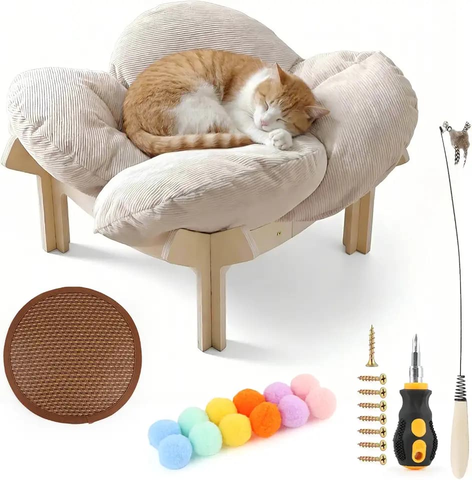 Erhöhtes Katzenbett Blumenform,Stabiles Holzkatzensofa mit Weich Kissen