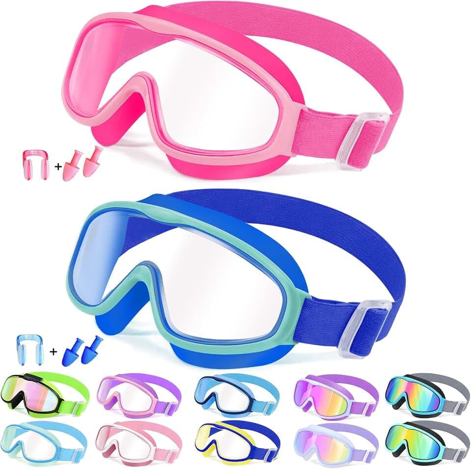 Vvinca Kids Goggles with Comfort Fabric Strap, Kids Swim Goggles Wide View Anti-Fog/UV No Leaking Swimming Goggles for 3-14