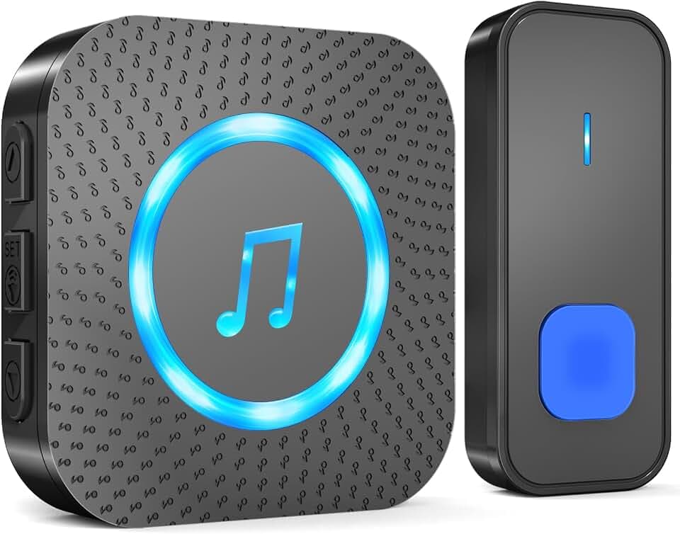 Funkklingel, Kabellose Türklingel 400m Reichweite IP55 Funk klingel Set Aussen Wasserdicht, Haustür Klingel kit mit 1 Plug-In-Empfänger und 1 Sender, 55 Melodien Doorbell Mit LED-Blitz, Schwarz