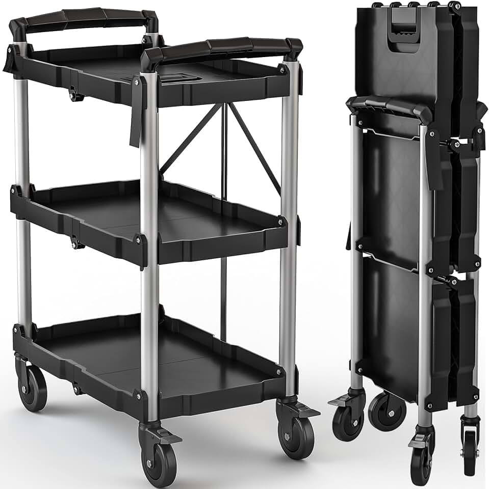 DWVO 3-Tier Foldable Service Cart with Swivel Wheels & Brake, 350LBS
