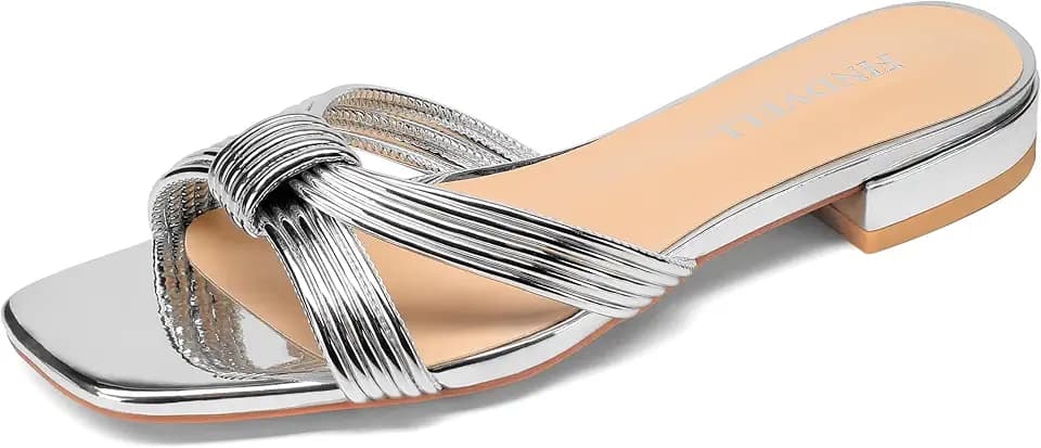 FINDVELL Women's Fashion Flat Slide Sandal Knot Strappy Square Open Toe Sandals Dressy Slippers for Summer