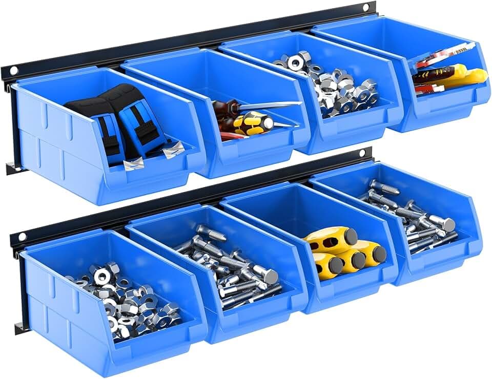 TORACK Wall-Mounted Storage Bins, 8 Plastic Bins & 2 Tracks, Blue