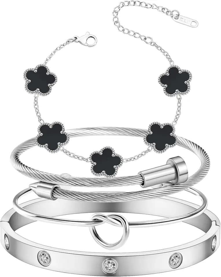 Womens 4Pcs Stackable Floral Gold Bracelets Stainless Steel Bangle Bracelets Non Tarnish Silver Set Trendy Jewelry Gifts for Womens
