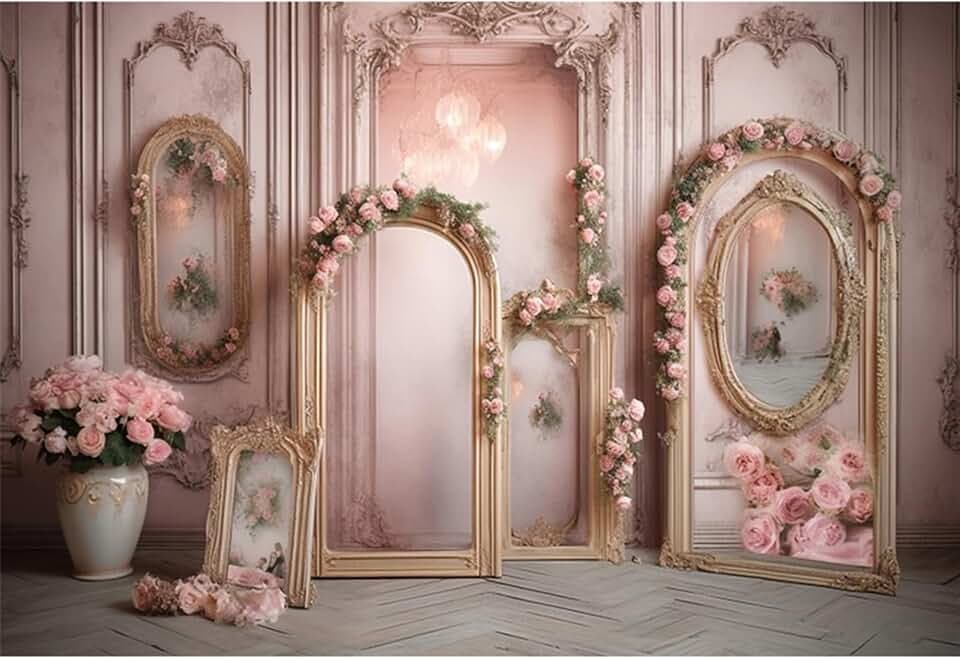 YongFoto European Retro Elegant Room Interior Wall Backdrop 5x3ft French Arched Oil Painting Frame Floral Vase Garland Photography Background Wedding Party Home Art Decor Portrait Photoshoot Props