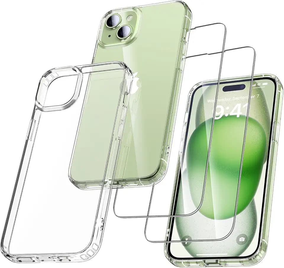 UniqueMe für iPhone 15 Hülle - Handyhülle für iPhone 15 Case, 5 in 1 Set Rundumschutz Schutzhülle Cover,1 Handyhülle & 2 Schutzfolie & 2 Kameraschutz - Transparent