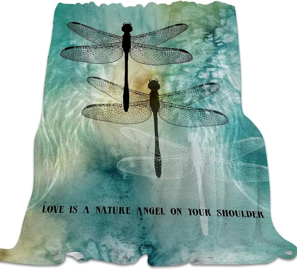 Ultra Soft Flannel Fleece Bed Blanket Dragonfly Pattern Love is a Nature Angel on Your Shoulder Throw Blanket All Season Warm Fuzzy Light Weight Cozy Plush Blankets for Bedroom 50 x 60 inches