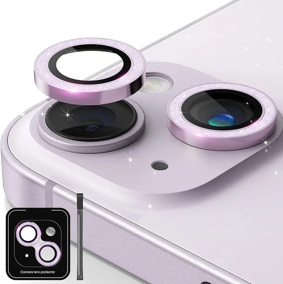 Design for iPhone 14 and iPhone 14 Plus Glitter Camera Lens Protector 9H Tempered Glass Camera Screen Protector Anti Scratch Easy Installation Camera Cover Glitter Purple [1 Set]