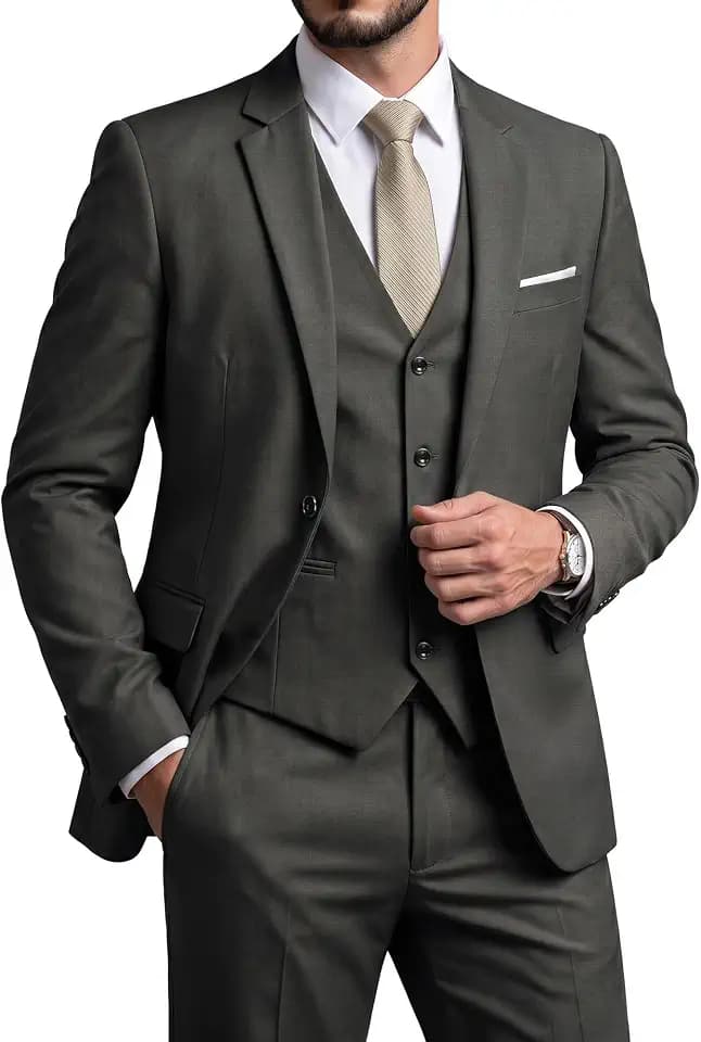 YND Men's Slim Fit 3 Piece Suit Set with Stretch Fabric, One Button Solid Blazer Vest Pants with Tie
