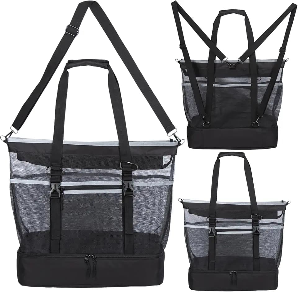 Mesh Beach Bag with Cooler Large Travel Family Vacation Essentials Pool Swimming Zipper Pocket Durable 9 Pockets