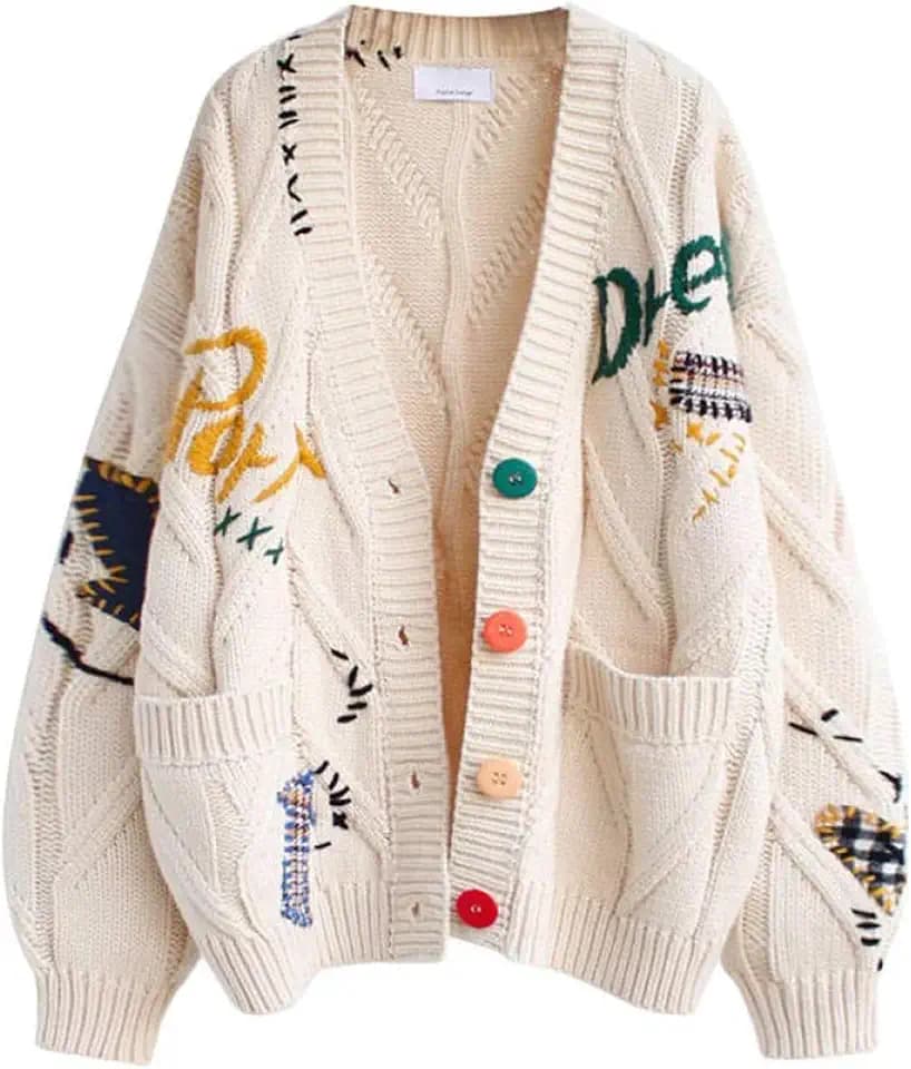 Damen-Cardigan mit Zopfmuster,langärmelig,V-Ausschnitt,bunt,vorne offen,Knopf Bestickt,Strickpullover,Manteltasche