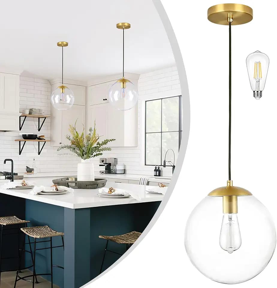10" Globe Pendant Light Gold Mid Century Pendant Glass Globe Light Fixture Mid Century Modern Light Fixture Brushed Brass Finished with Clear Glass Lampshade for Dining Room Bedroom