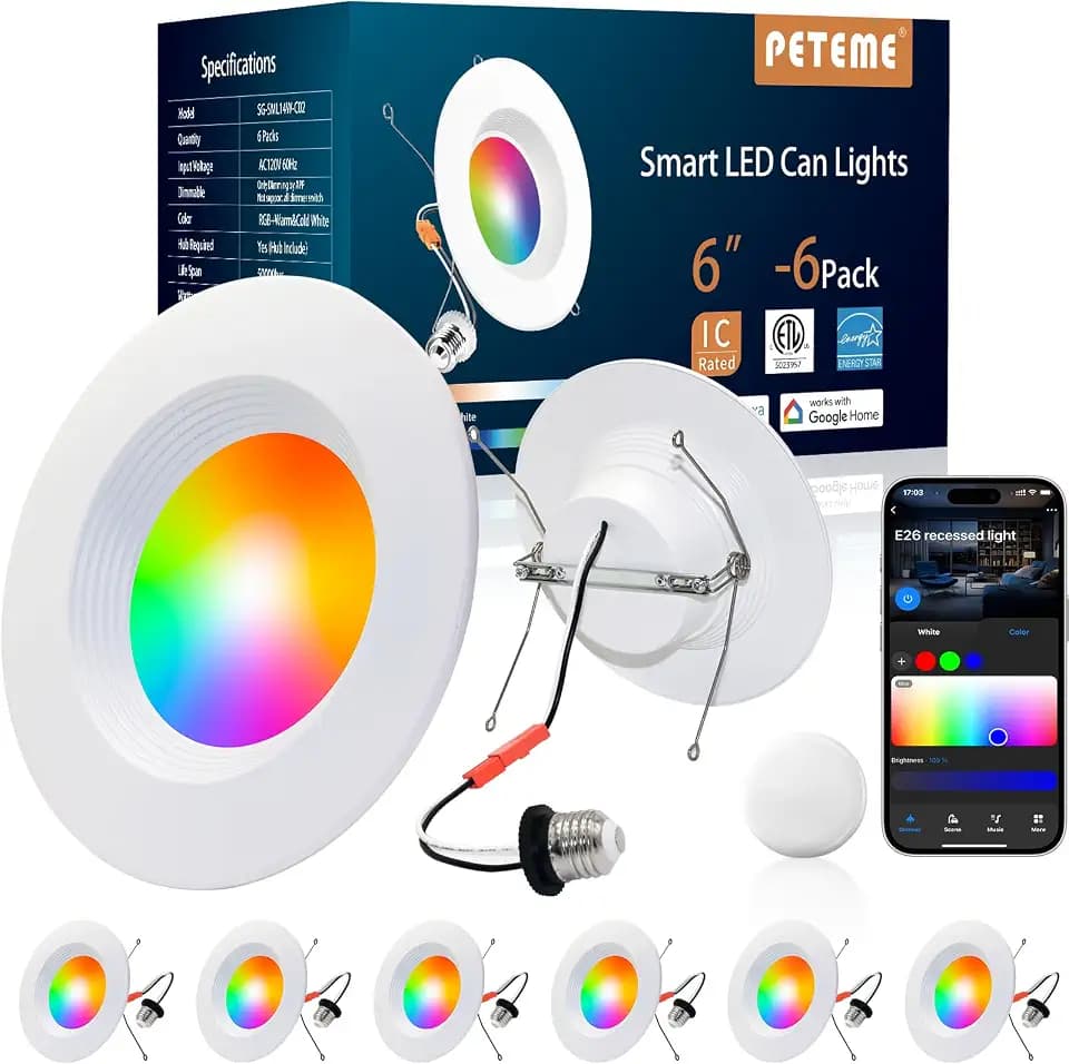 Peteme E26 Retrofit LED Recessed Lighting 6 Inch, IC Rated ETL Certified Smart Can Light Baffle Trim Style, RGBCW Dimmable Color Changing Soffit Downlight Compatible with Alexa/Google, 1100LM, 6 Pack