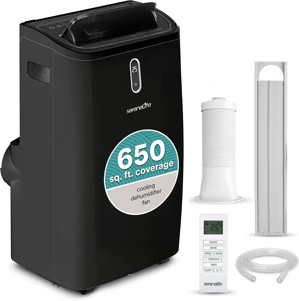 SereneLife 14,000 BTU Portable Air Conditioner - Compact Room Air Conditioner with Dehumidifier & Fan, Mini AC Unit for Rooms Up to 650 Sq. Ft., Window Kit Included, Rolling Wheels, Black