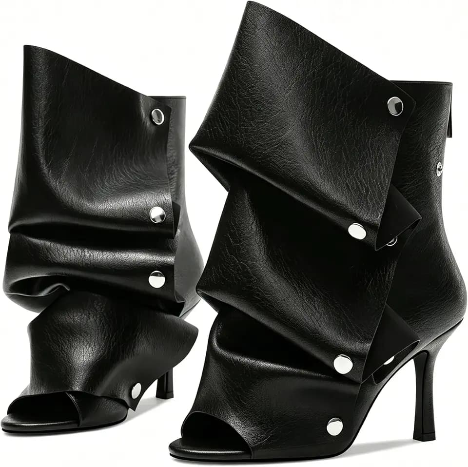 3.1" Women's Open Toe Stiletto Fold-Over Ankle Booties w/ Snap Panel