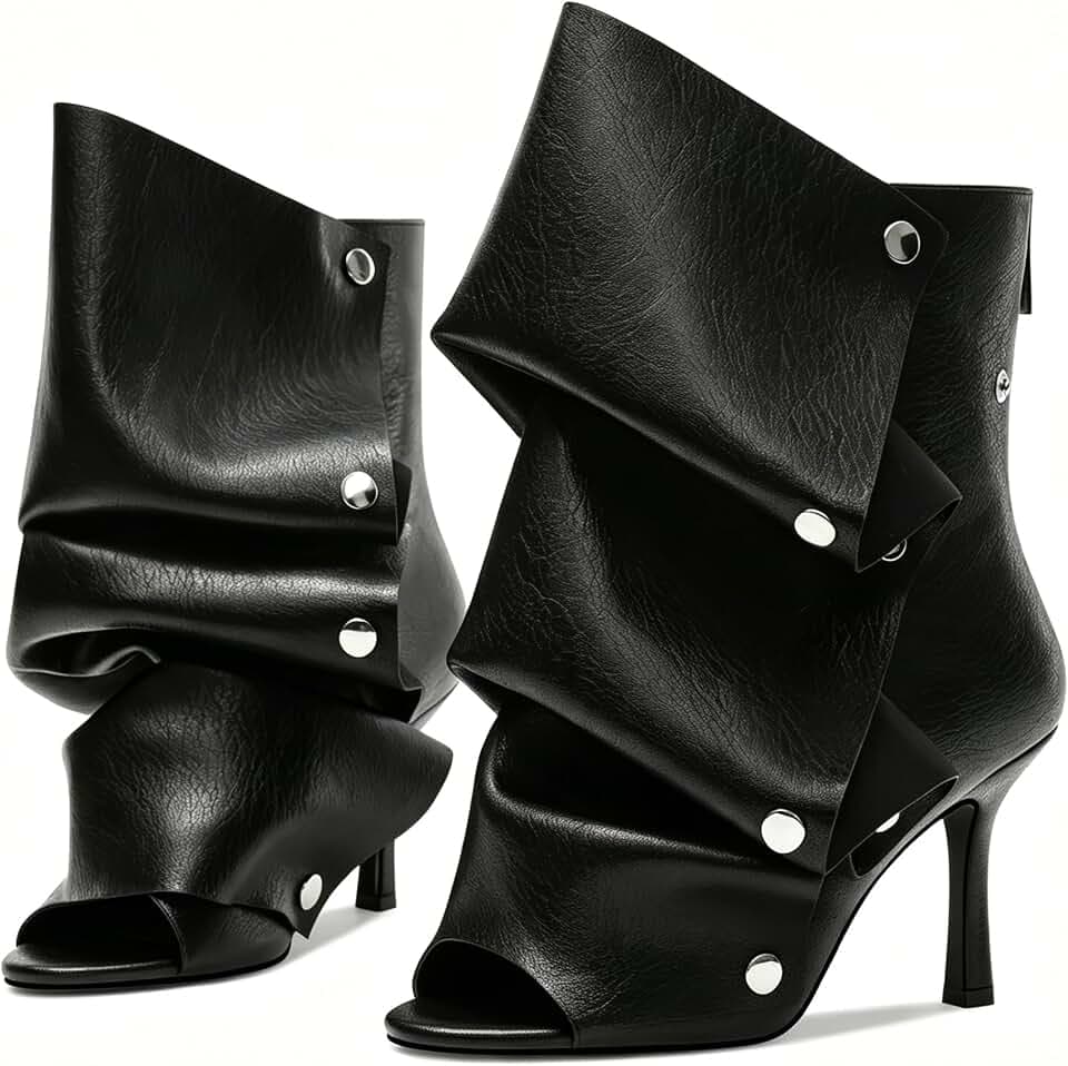 3.1" Women's Open Toe Stiletto Fold-Over Ankle Booties w/ Snap Panel