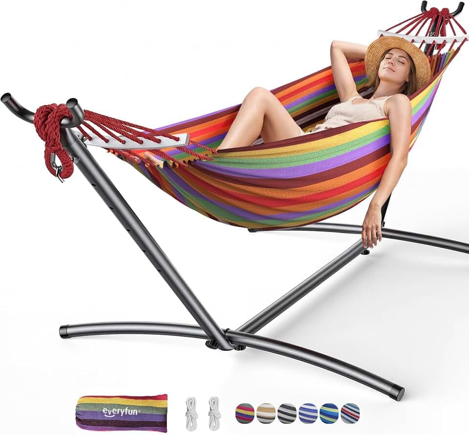 Everyfun Double Hammock with Stand for 2 Person, 600 lb Capacity, Rainbow