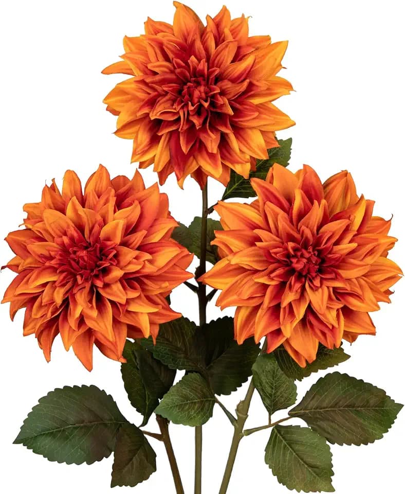 Hollyone 3 Stück Künstliche Dahlie Blumen Orange, 70cm Kunstblume Seidenblumen mit Langem Stiel für Blumenarrangements, Faux Herbst Blumen für DIY Hochzeit Party Deko Home Office Dekoration